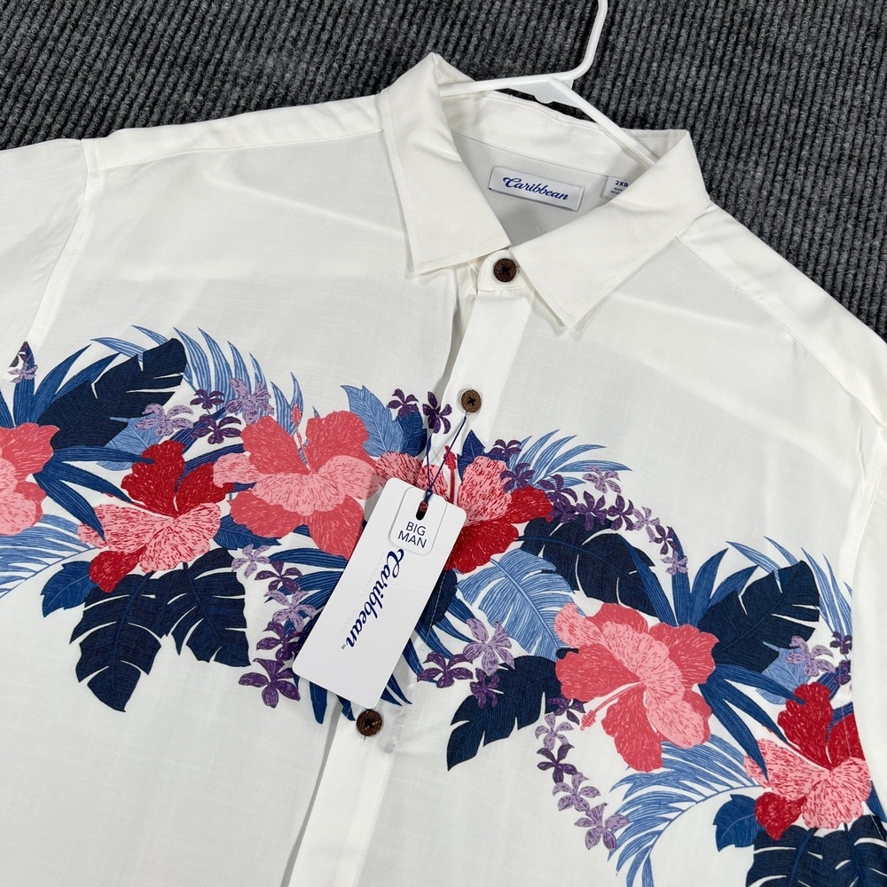 Caribbean Shirt Mens 2XB Big White Floral Short Sleeve Button Up Beach‎ New